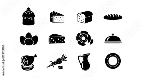 Black and white food icons: pastries, dairy, meats, and kitchenware