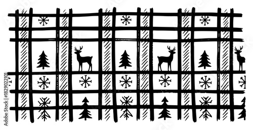 Christmas seamless pattern with tartan grid deer and pine trees hand drawn vector texture