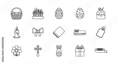 Linear easter icons set with basket, eggs, candle, bunny, and gifts