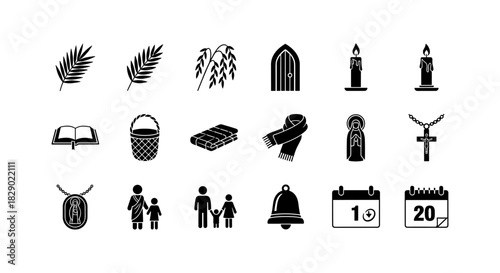 Minimalist religious symbols: candles, icons, and family silhouettes for holy celebrations