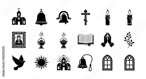 Christian symbols collection: silhouettes of churches, crosses, candles, and bells