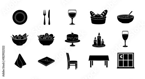 Elegant dining icons collection featuring tableware, drinks, and decor