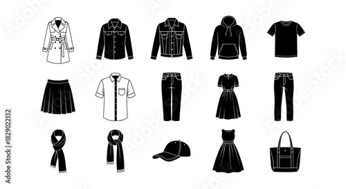 Minimalist apparel icons set featuring clothing and accessories in black and white