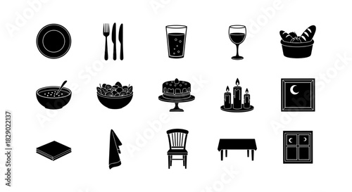 Modern silhouette dining icons: tableware, cuisine, decor essentials