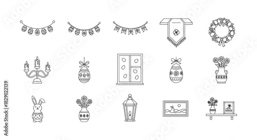 Easter home decor set: linear icons of festive ornaments and decorations