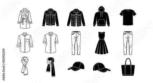 Minimalist fashion outline: shirts, jeans, jackets, dresses, and accessories in black and white