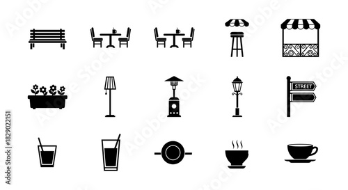 Urban outdoor silhouette icons set featuring furniture and street elements