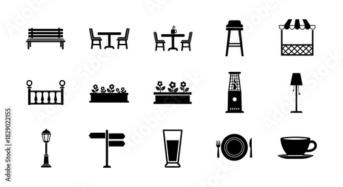 Silhouette icons of outdoor furniture and accessories for cafe and garden spaces