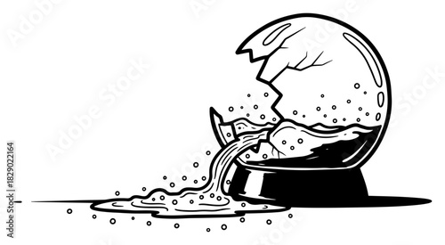 Broken snow globe vector illustration with shattered glass and spilling water in black and white sketch style