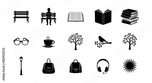 Silhouette icons: books, nature, and leisure elements in black and white