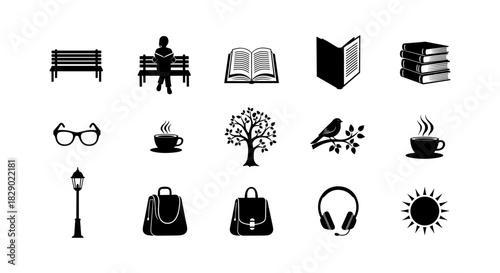 Silhouette icons of everyday objects: nature, coffee, reading, and more