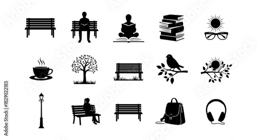 Silhouette icons: outdoor benches, relaxation, and learning elements