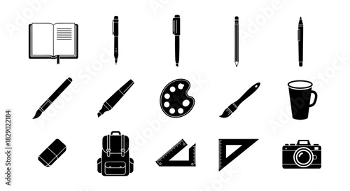 Silhouette icons of stationery and art supplies for creative projects