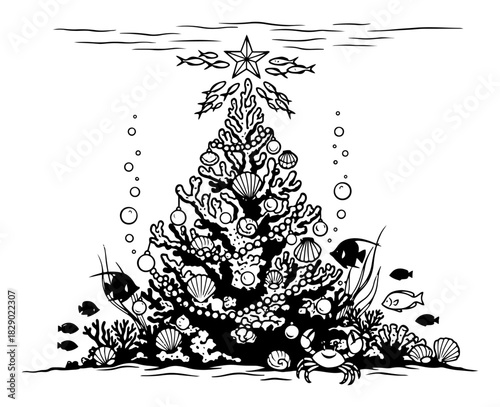 Underwater Christmas tree made of coral reef decorated with sea shells and starfish vector illustration