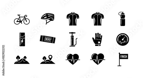 Cycling gear and accessories icons set in black silhouette style for sports enthusiasts