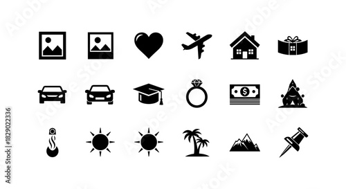 Black icon set: travel, home, education, finance, and nature elements