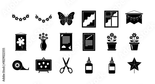Craft and home decor icons collection: floral elements and creative tools in silhouette style