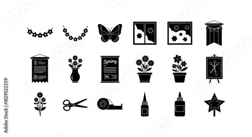 Silhouette icons of diy crafts with flowers, tools, and art decor elements