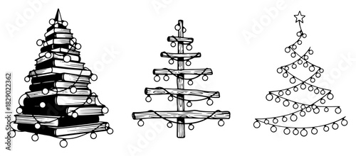 Set of creative Christmas trees made of books wooden logs and string lights hand drawn vector illustration