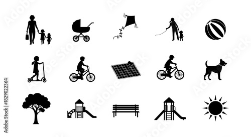 Silhouette of family activities and leisure icons including playgrounds and pets