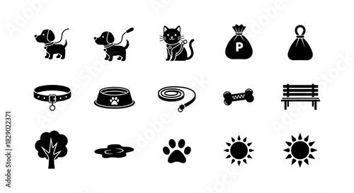 Pet care icons: dogs, cats, accessories, and outdoor elements in black silhouette
