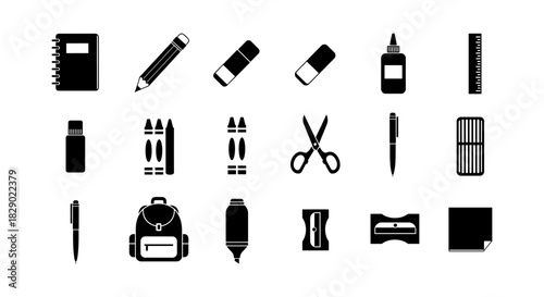 Minimalist school supplies icons: notebooks, pencils, erasers, scissors, backpack
