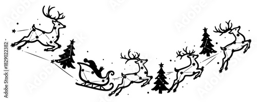 Santa Claus sleigh and reindeer flying in the sky formed by star constellations hand drawn vector illustration
