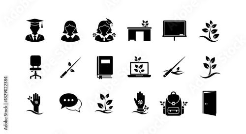 Education icons set: minimalist black silhouette design with nature elements