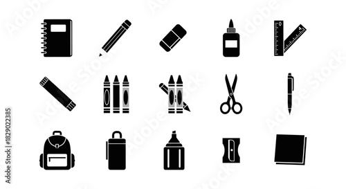 Silhouette school supplies icons set: pencil, scissors, backpack, ruler, eraser