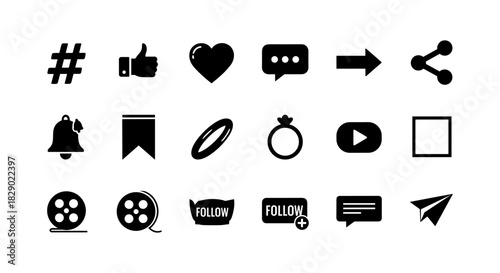 Minimalist social media icons set including hashtag, like, heart, and more for digital design