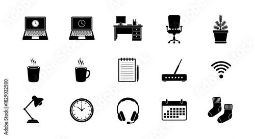 Set of modern office icons including computers, desk, chair, and wi-fi in black silhouette style