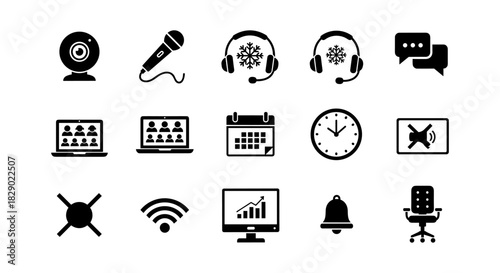 Essential icons for remote work and virtual meetings in silhouette style