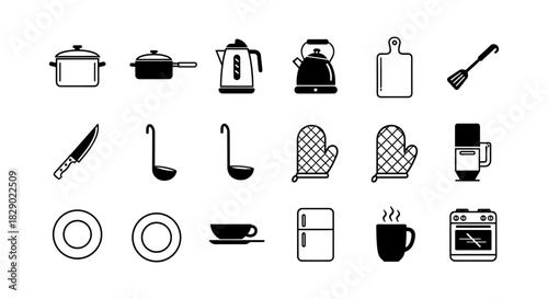 Kitchen icons set featuring pots, kettle, utensils, and appliances in black and white