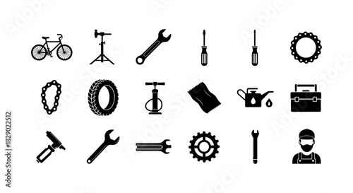 Silhouette icons of bicycle repair tools and parts for maintenance and workshops