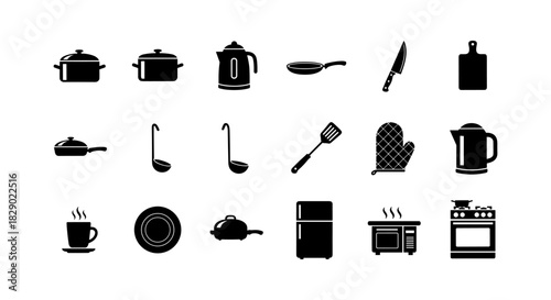 Essential kitchen items: modern black silhouette icons