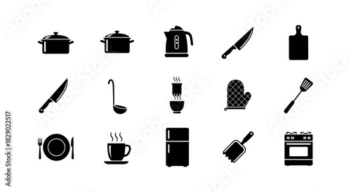 Minimalist kitchen utensil icons set in black silhouette style