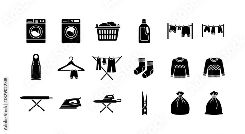 Black and white laundry icon set featuring appliances and clothing