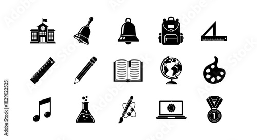 Monochrome education icons set featuring school tools and symbols