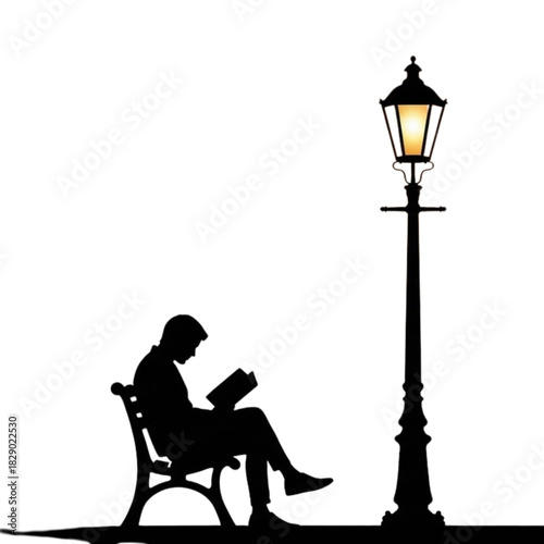 Black silhouette of a person reading a book under vintage street lamp, evening urban scene, minimalistic cozy atmosphere.svg