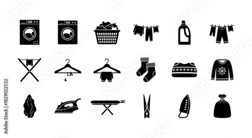 Laundry icons collection featuring household equipment and clothing silhouettes