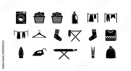 Laundry essentials icons set: washing, drying, and ironing symbols in black silhouette style