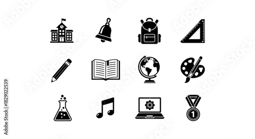 Black and white school icons set: education, learning, and school supplies symbols