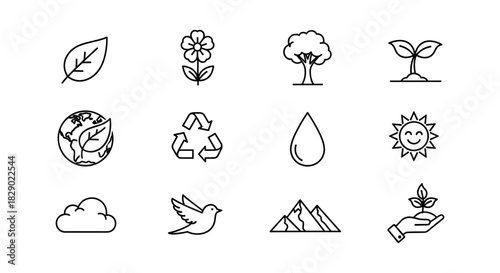 Linear nature icons: eco-friendly elements for sustainable design projects