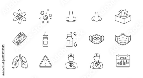 Allergy and cold prevention icons in linear style: masks, medicines, pollen, and healthcare symbols