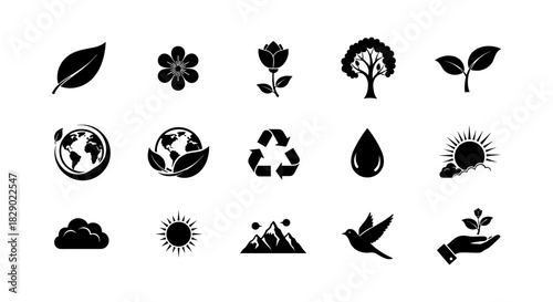 Minimalist nature and eco icons set featuring leaf, flower, tree, and recycling symbols in black silhouette