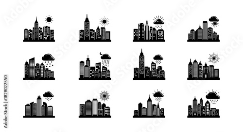 Urban skyline silhouettes with weather icons