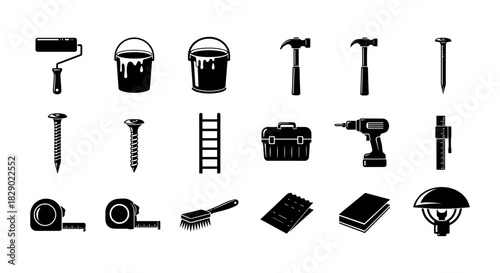 Silhouette of various construction and repair tools on white background