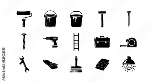 Set of silhouette construction tools and equipment icons