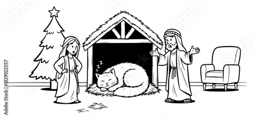 Funny nativity scene with cat sleeping in manger surprising Mary and Joseph cartoon vector illustration