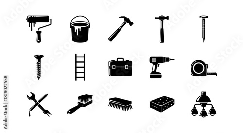 Essential diy tools icon set in black silhouette style on white background